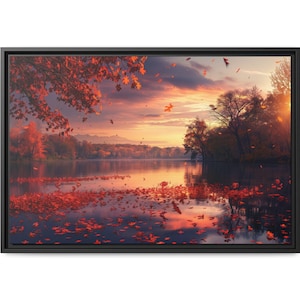 May include: A scenic landscape painting featuring a lake with red leaves floating on the surface. The lake is surrounded by trees and a sunset sky with clouds. The painting has a warm, autumnal feel.