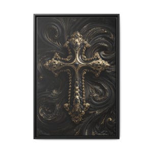 May include: A framed canvas art print featuring a detailed, ornate gold cross against a dark, swirling background. The cross has intricate detailing and a textured appearance, creating a striking contrast with the dark backdrop.