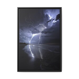 May include: A dramatic photograph of a lightning strike over a dark ocean. The lightning bolt is reflected in the water, creating a mirror image.