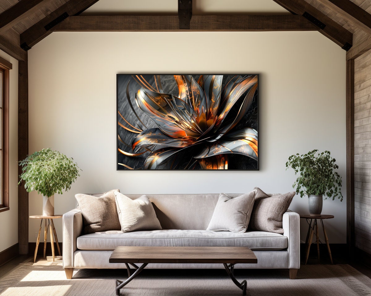 k*u様 【新品】neru design kozara BRUNT LILY t Black, Copper Detail Textured Lily 3D Abstract Flower Framed