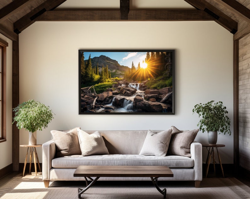 Forest Waterfall With Sun Rising Behind Mountains Wall Art Design