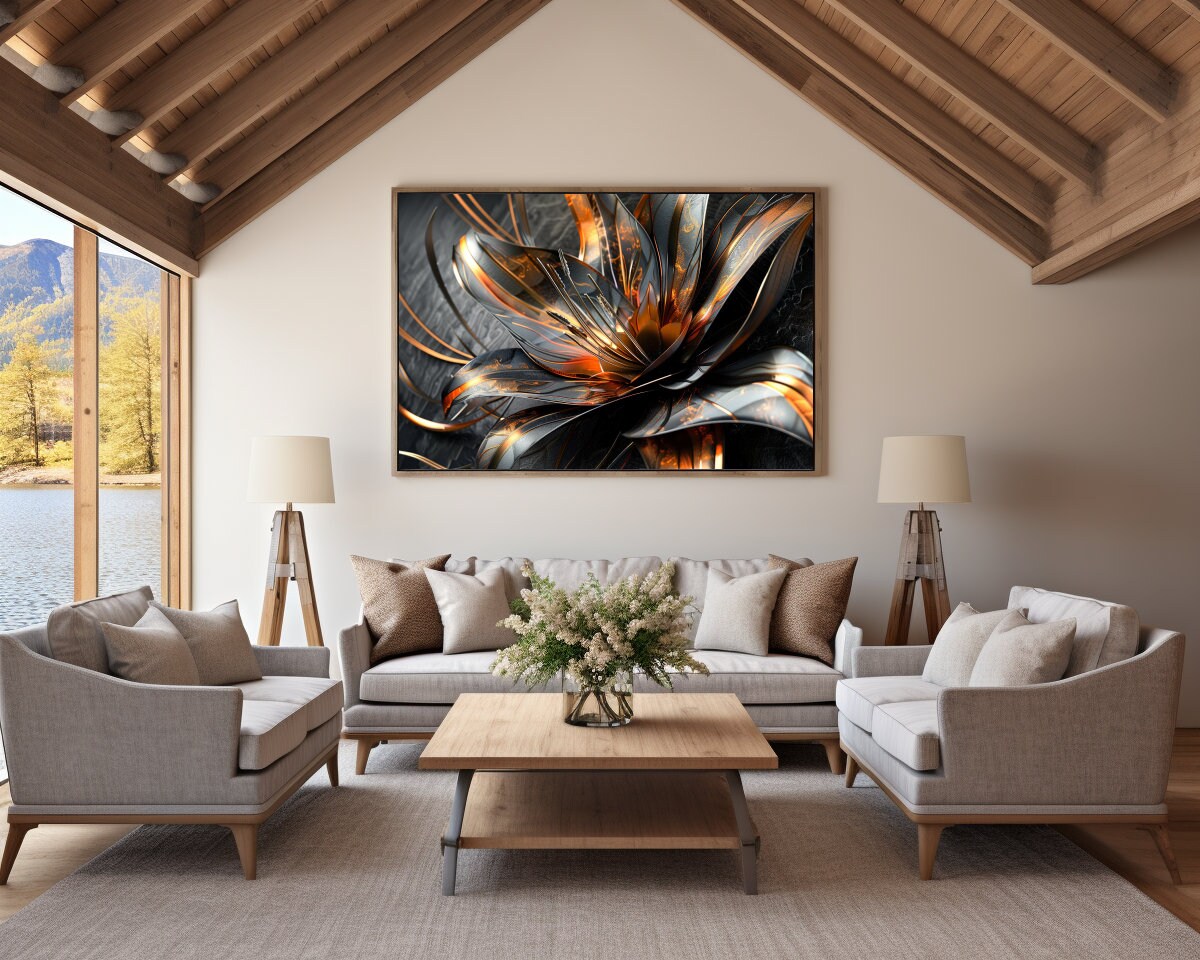 k*u様 【新品】neru design kozara BRUNT LILY t Black, Copper Detail Textured Lily 3D Abstract Flower Framed