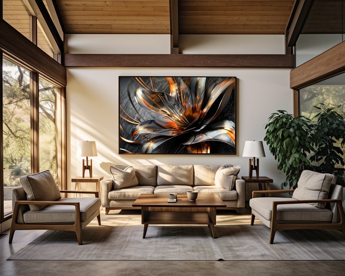 Black, Copper Detail Textured Lily 3D Abstract Flower Framed