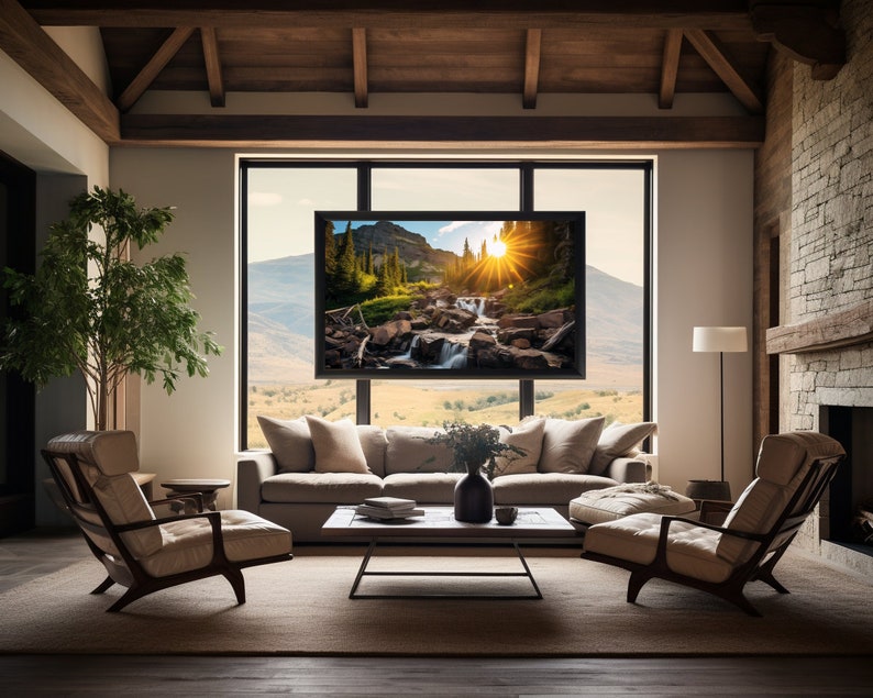 Forest Waterfall With Sun Rising Behind Mountains Wall Art Design