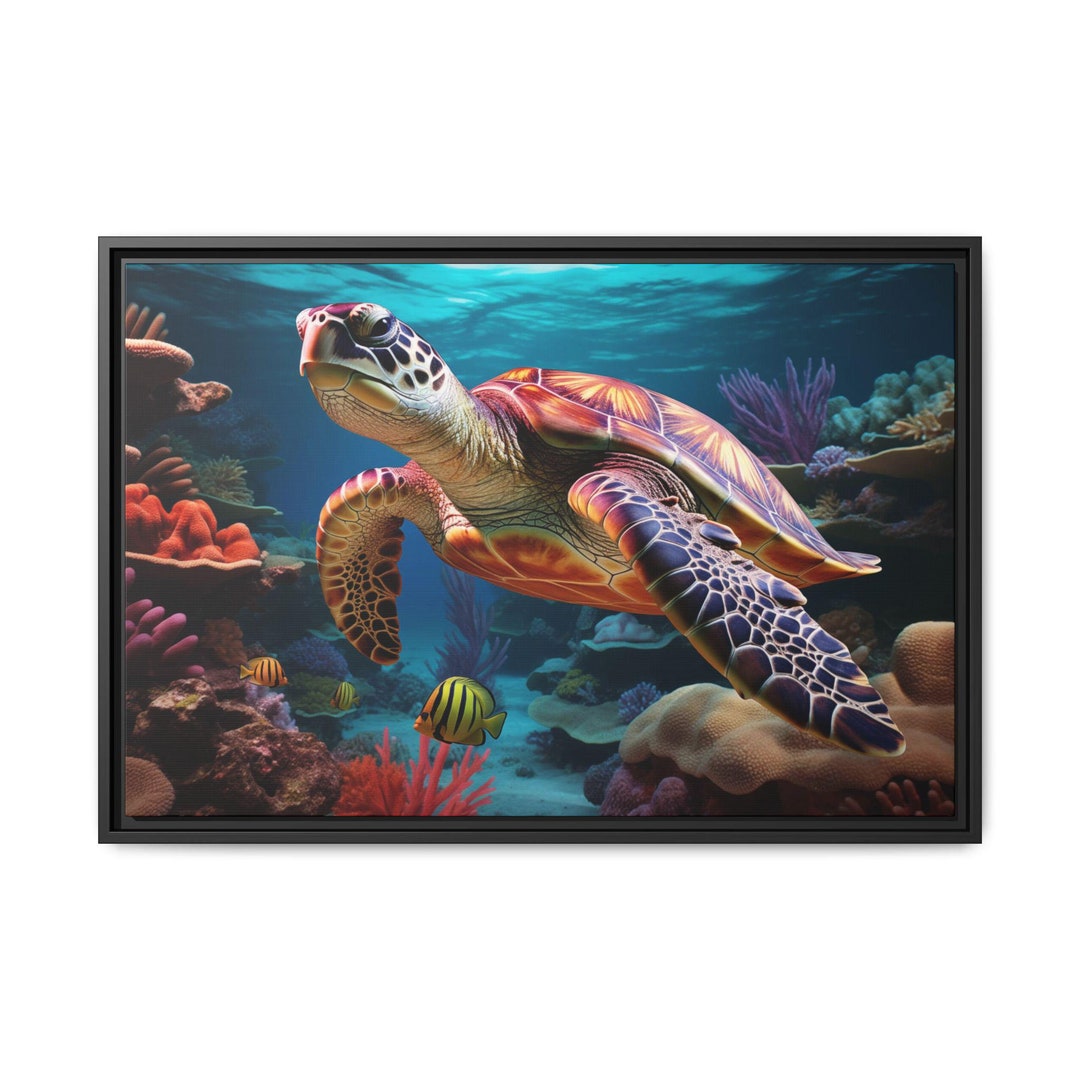 Sea Tortoise Swimming Along Colorful Fish Wall Art Design Canvas Print