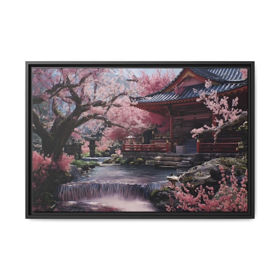 Japanese Temple Next to Cherry Blossom Trees and Stream With