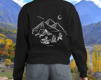Skeletons Camping Sweatshirt | Cozy Campfire Night Crewneck | Spooky Outdoor Adventure | Guitar Playing Skeleton Shirt | Unisex Autumn Fall