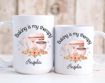 Personalized Baking Lover Mug, Custom Baker Gift, Baking is my Therapy mug, Mothers day Gift for Mom, Custom Name Baking Lover coffee cup