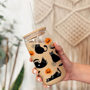 黒猫シッパーグラス、黒猫ガラスタンブラー、ハロウィン黒猫アイスコーヒーカップ、ペット愛好家ギフト、猫好きシッパーグラスの蓋とストロー