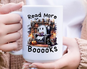 Reading Ghost Mug, Halloween Mug, Halloween Gift for Book lover, Bookish Ghost Gifts, Spooky Ghost Halloween Cup, Cute Ghost Reading Mug