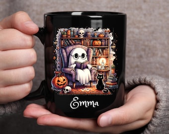 Halloween Mug Personalized, Halloween Gift for Book lover, Bookish Ghost Gifts, Spooky Ghost Halloween Coffee Cup, Custom Ghost Reading Mug