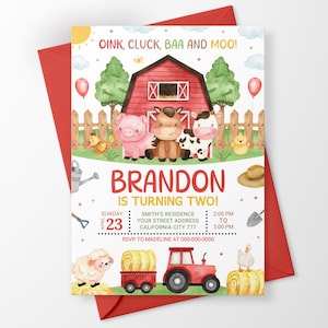 Farm Birthday Invitation, Barnyard Animals Birthday Invite, Ranch Kids Birthday Template BN002