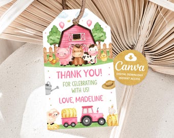 Editable Farm Birthday Favor Tag, Farm Animals Gift Tag, Printable Farm Girl Thank You Tag, Birthday Party Favors, Canva Template