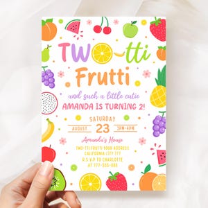 Two-tti Frutti verjaardagskaart, fruitthema uitnodiging voor de 2e verjaardag van een meisje, sjabloon BN005