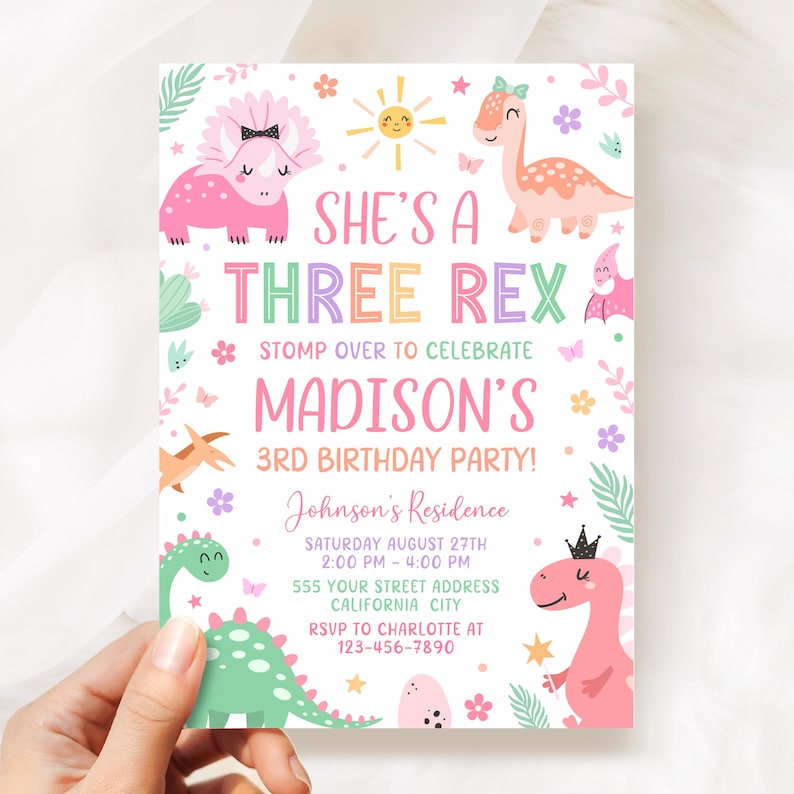 Dinosaur Birthday Invitation, Three Rex Birthday Girl Invite, Pastel Dinosaur Party Invitation Template BN013 image 1