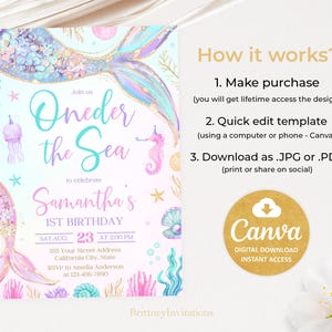 May include: A printable invitation for a first birthday party with a mermaid theme. The invitation features a mermaid tail with iridescent scales, a seashell, and a starfish. The text on the invitation reads "Join us Oneder the Sea to celebrate Samantha's 1st Birthday".
