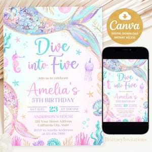 May include: A pink and blue mermaid tail with glitter and seashells. The text "Dive into Five Amelia's 5th Birthday" is on the invitation. The invitation is for a 5th birthday party.