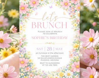 Laten we brunchen uitnodiging, wilde bloemen verjaardagsuitnodiging, bloemen meisjesfeest, uitnodiging lentebloemen, 5 x 7 uitnodigingen