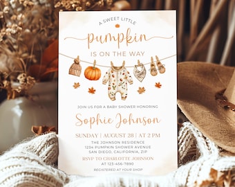Uitnodiging voor een babyshower met een klein pompoentje, herfstbabyshower met pompoenthema, er komt een klein pompoentje aan, sjabloon voor een herfstbabyshower BN046
