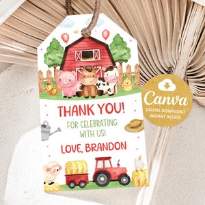 Editable Farm Birthday Favor Tag, Farm Animals Gift Tag, Printable Farm Boy Thank You Tag, Birthday Party Favors, Canva Template