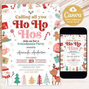 Peut inclure: Une invitation à une fête de Noël avec un thème rouge, blanc et vert. L'invitation présente un design festif avec des illustrations du Père Noël, d'un bonhomme de neige, d'un renne et d'autres icônes des fêtes. Le texte sur l'invitation se lit comme suit : "Calling all you Ho Ho Hos Join us for a Friendsmas Party Hosted by Amanda Anderson December 23 at 2:00 PM 555 Christmas Street Address California City, State RSVP to Amanda Anderson at 123-456-7890".