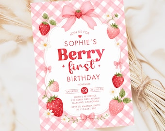 Berry First Birthday Invitation, Bow Berry 1st Strawberry Birthday Invite Template BN018