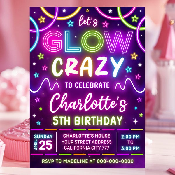 Invito di compleanno Glow Party modificabile, invito Glow, invito di compleanno Glow Crazy, inviti 5x7