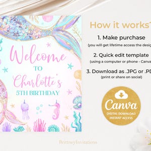 May include: A printable welcome sign for a 5th birthday party featuring a mermaid tail, seashells, and the text "Welcome to Charlotte's 5th Birthday".