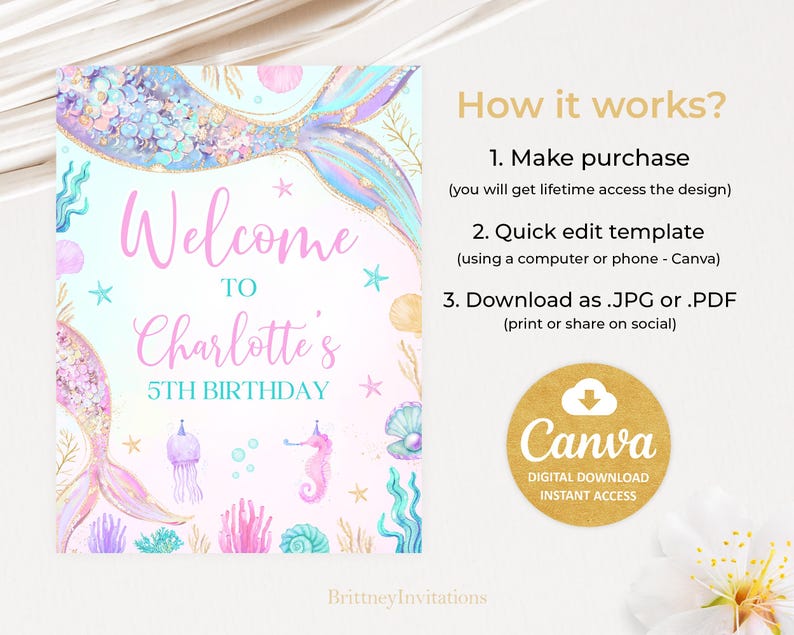 May include: A printable welcome sign for a 5th birthday party featuring a mermaid tail, seashells, and the text "Welcome to Charlotte's 5th Birthday".