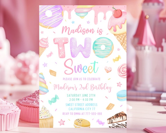 Two Sweet Birthday Invitation, 2nd Birthday Girl Invitation, Two Year Dessert Invite, Candy Sweets Donut Ice Cream Cupcake, 5x7 Invites