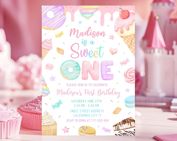 Sweet One Birthday Invitation, 1st Birthday Girl Invitation Pastel Sweets Invite Dessert Donut Candy Ice Cream Cupcake, 5x7 Invites