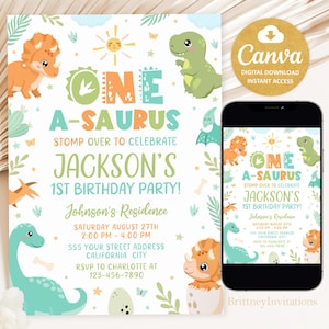 Faire-part d'anniversaire dinosaure, Faire-part d'anniversaire garçon One-A-Saurus, invitation de fête dinosaure mignon pastel, 5 x 7 invitations
