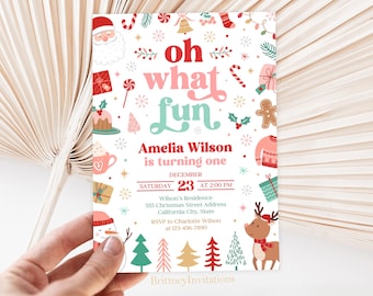 Zaproszenie na urodziny "Oh What Fun Christmas", zaproszenie na przyjęcie urodzinowe z okazji świąt Bożego Narodzenia, zaproszenie na pierwsze zimowe urodziny, zaproszenia 5x7