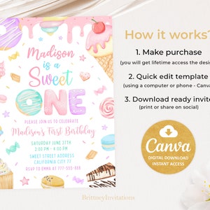 Invitación de cumpleaños para niña, primer cumpleaños, dulces pastel, postre, dona, caramelo, helado, cupcake, 5x7 imagen 4