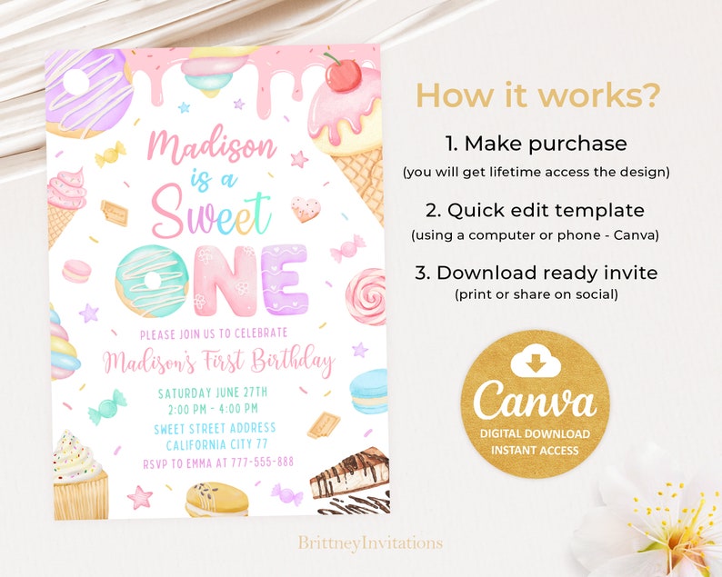 Invitación de cumpleaños para niña, primer cumpleaños, dulces pastel, postre, dona, caramelo, helado, cupcake, 5x7 imagen 4