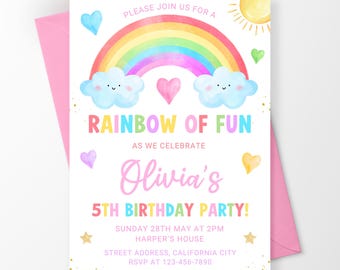 Regenboog verjaardagskaart, regenboog feestuitnodiging, pastel regenboog, kleurrijk feestuitnodigingssjabloon BN037