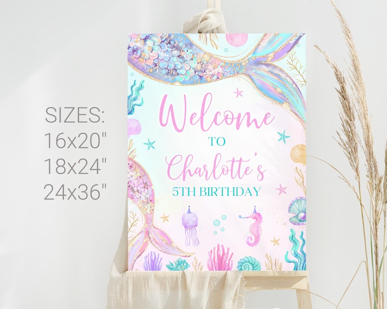 May include: A pink and blue mermaid-themed welcome sign with the text "Welcome to Charlotte's 5th Birthday". The sign features a mermaid tail with glitter and a starfish, seashells, and jellyfish.