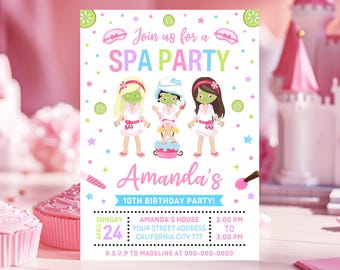 May include: A pink and blue spa party invitation with a cartoon illustration of three girls wearing spa masks and robes. The invitation includes the text "Join us for a SPA PARTY", "Amanda's 10th Birthday Party!" and details for the party, including the date, time, and location.