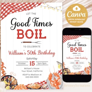 May include: A digital invitation for a birthday party with a red and white checkered tablecloth, seafood, and the text "Let the Good Times Boil to Celebrate William's 50th Birthday".
