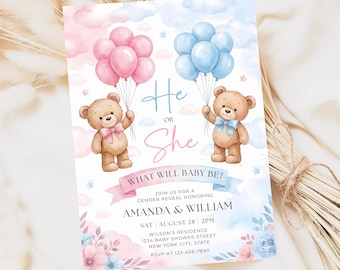 Uitnodiging voor een genderonthulling met teddybeer, hem of haar, roze en blauwe ballonnen, sjabloon BN015
