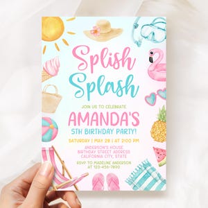 May include: A birthday party invitation card featuring watercolor illustrations of a sun, straw hat, snorkel, flamingo float, ice cream, beach bag, beach ball, pineapple, sunglasses, watermelon, beach chair, flip-flops, and a striped towel.
