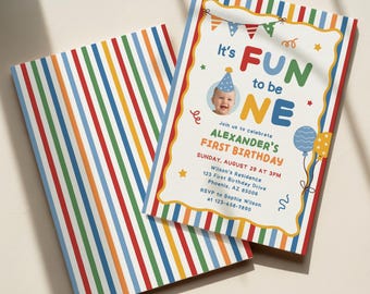 Fun To Be One First Birthday Invitation, Colorful 1st Birthday Invite Template BN053