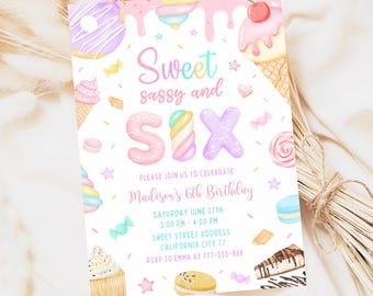Uitnodiging voor een Sweet Sassy and Six verjaardag, uitnodiging voor een meisje voor haar 6e verjaardag in pastelkleuren, sjabloon BN007