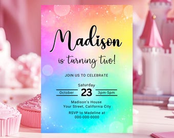 Rainbow Birthday Invitation, Girl Rainbow Invitation, Colorful Party Invite, 5x7 Invites
