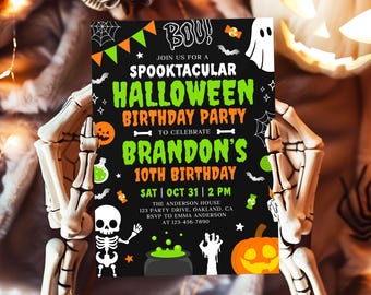 Halloween verjaardagskaart, griezelige verjaardagskaart, spookfeest, Halloween sjabloon voor kinderen BN047