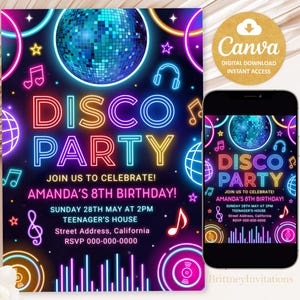 Disco Party Birthday Invitation, Neon Disco Party Invitation, Glow Party Invite, 5x7 Invites
