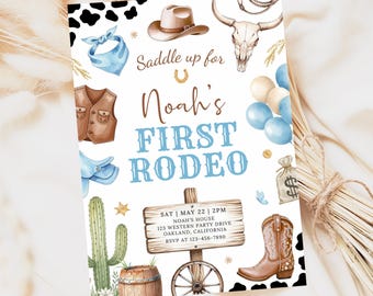 Uitnodiging voor je eerste rodeo, sjabloon voor een cowboy-verjaardagsfeestje met als thema 'Mijn eerste rodeo' BN008