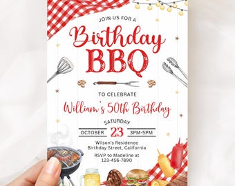 BBQ-verjaardagskaart, uitnodigingssjabloon voor een barbecuefeestje (BN021)