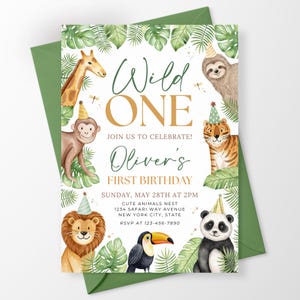 May include: A birthday invitation card featuring watercolour illustrations of a giraffe, monkey, sloth, tiger, lion, toucan, and panda wearing party hats, surrounded by tropical leaves. Text reads: Wild ONE, JOIN US TO CELEBRATE! Oliver's FIRST BIRTHDAY, SUNDAY, MAY 28TH AT 2PM, CUTE ANIMALS NEST, 1234 SAFARI WAY AVENUE, NEW YORK CITY, STATE, RSVP AT 123-456-7890.