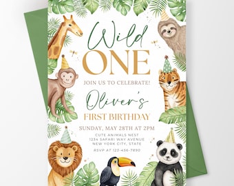 Uitnodiging voor een Wild One verjaardagsfeest, Safari 1e verjaardag jungle dieren uitnodiging sjabloon BN042